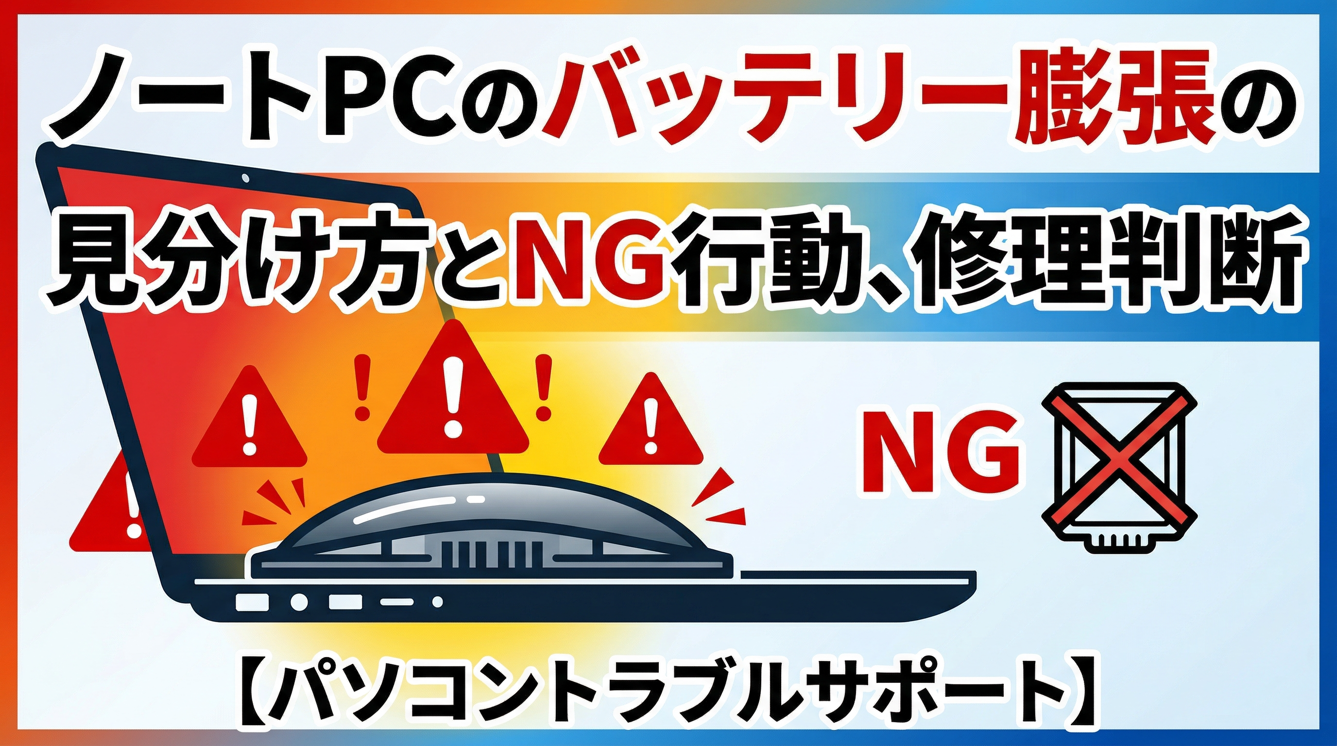 ノートPCのバッテリー膨張の見分け方とNG行動、修理判断