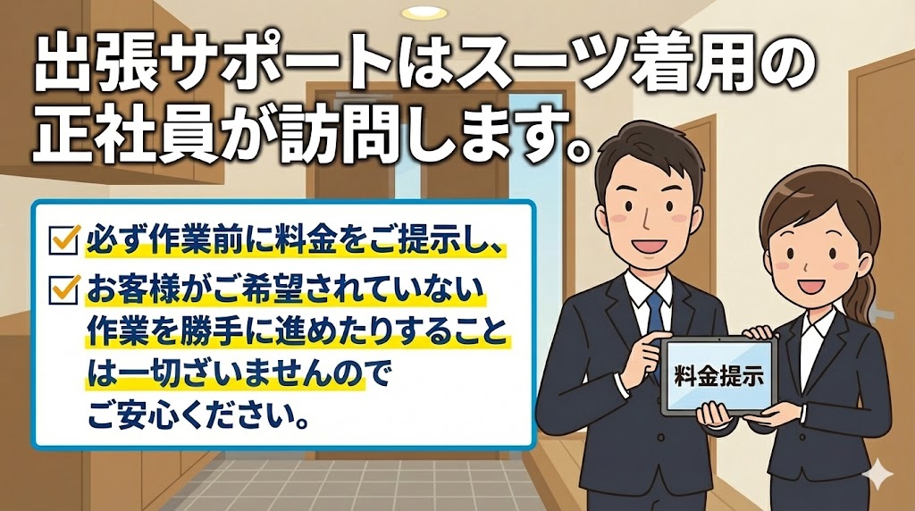 出張サポートはスーツ着用の正社員が訪問します。必ず作業前に料金をご提示し、ご希望されていない作業は一切行いません。